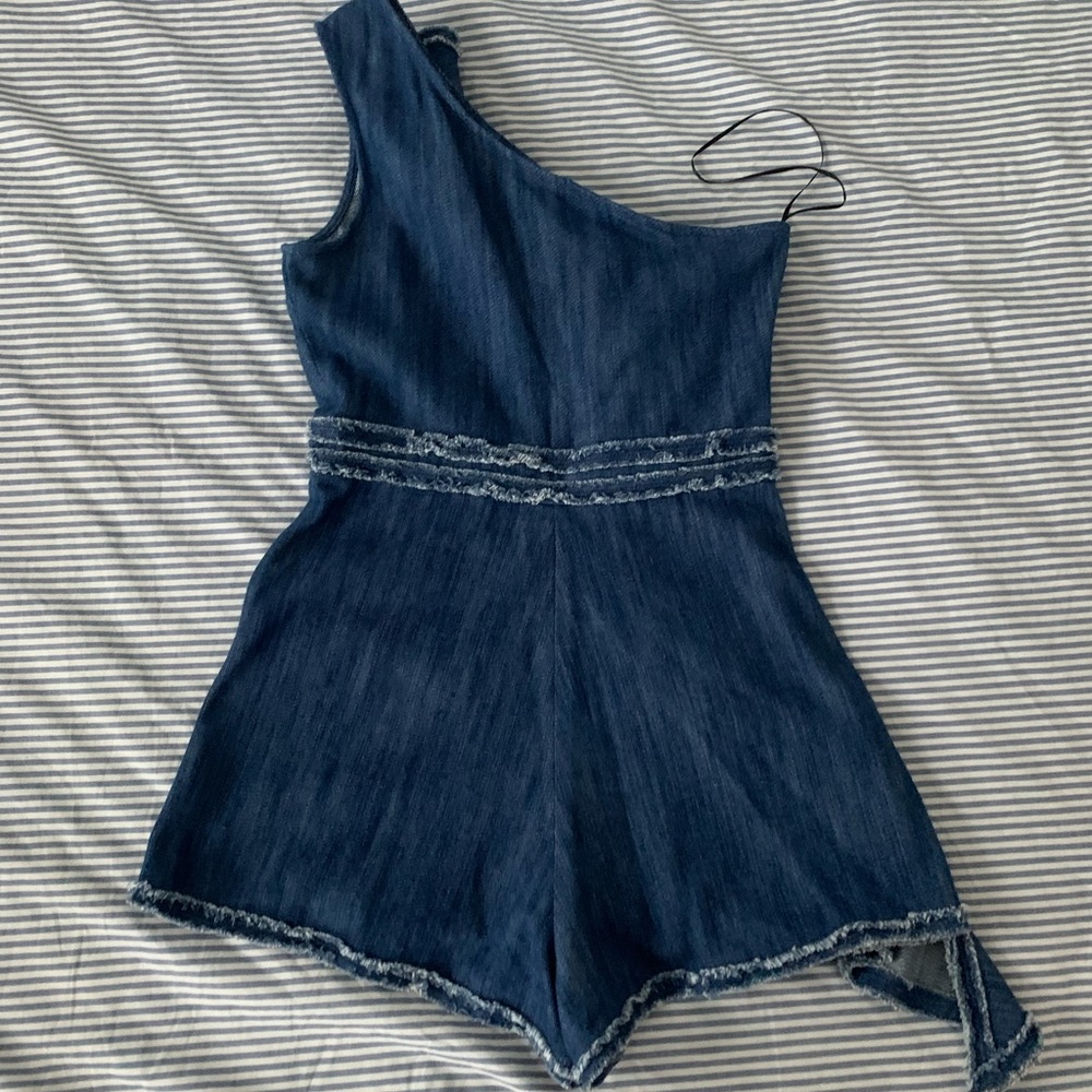 Alexis Denim One-Shoulder Ruffle Romper in Blue - Picture 8 of 9